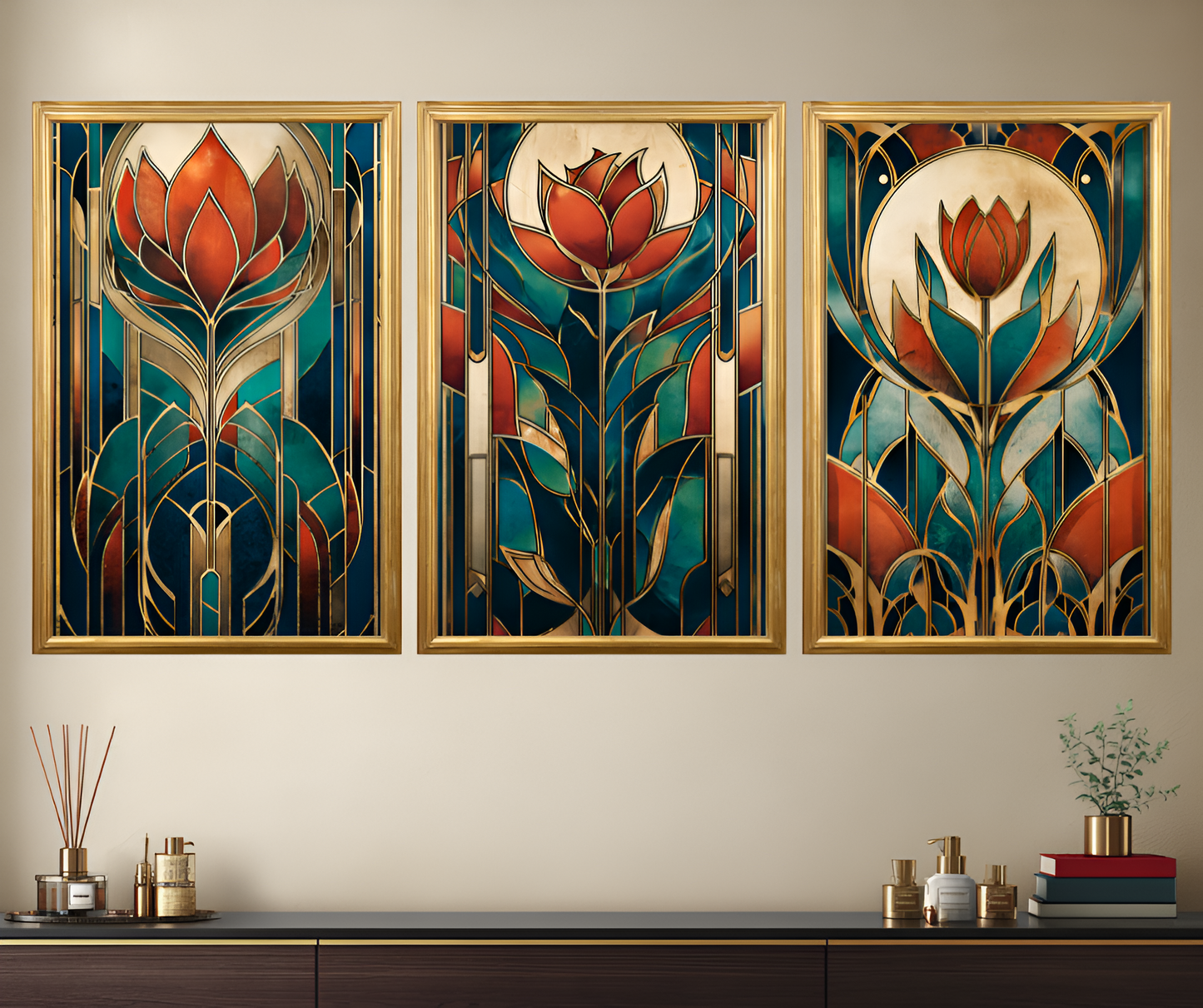 Poster de décoration murale vitrail art déco affiche contemporaine florale solaire