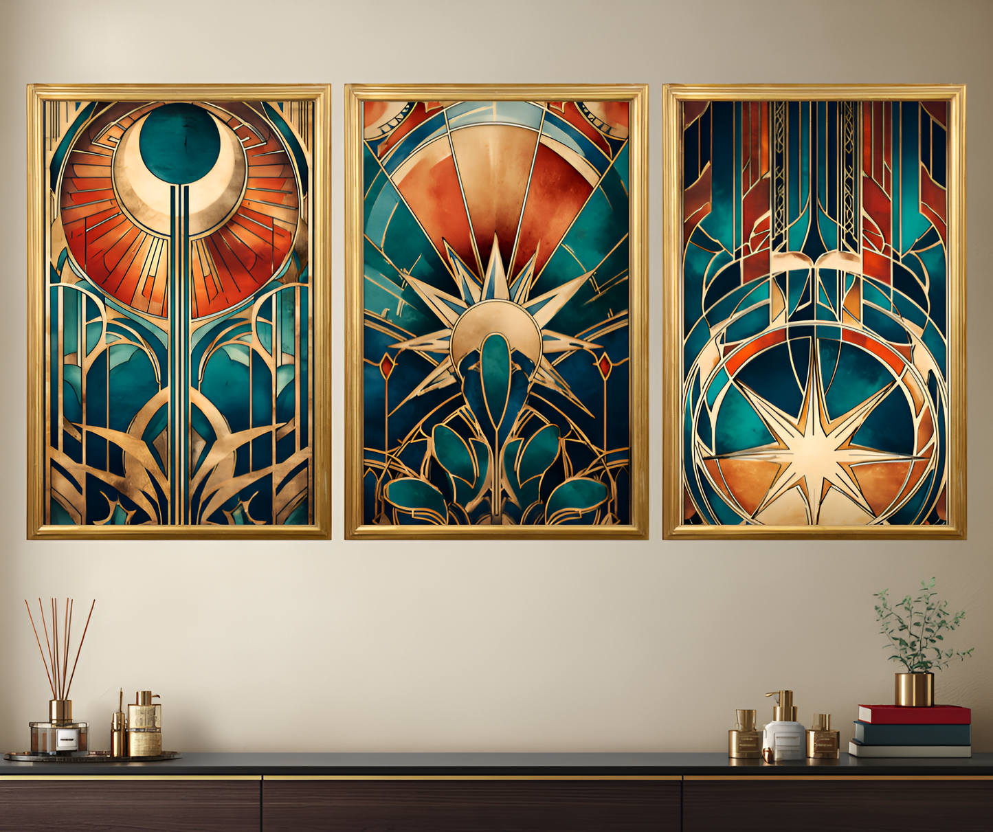 Poster de décoration murale vitrail art déco affiche contemporaine florale solaire