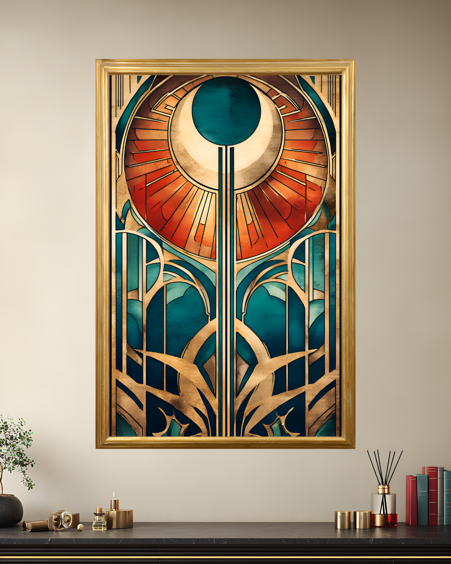 Poster de décoration murale vitrail art déco affiche contemporaine florale solaire
