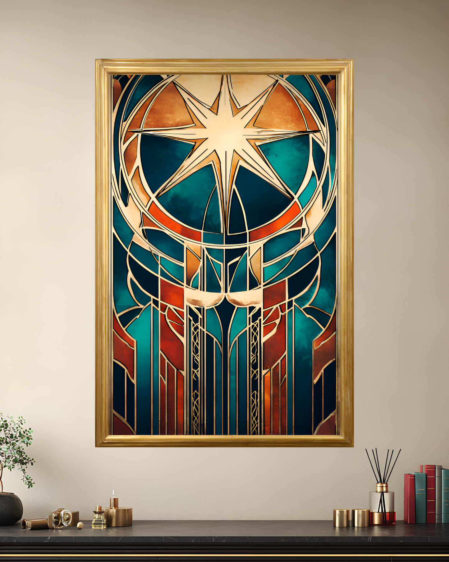 Poster de décoration murale vitrail art déco affiche contemporaine florale solaire