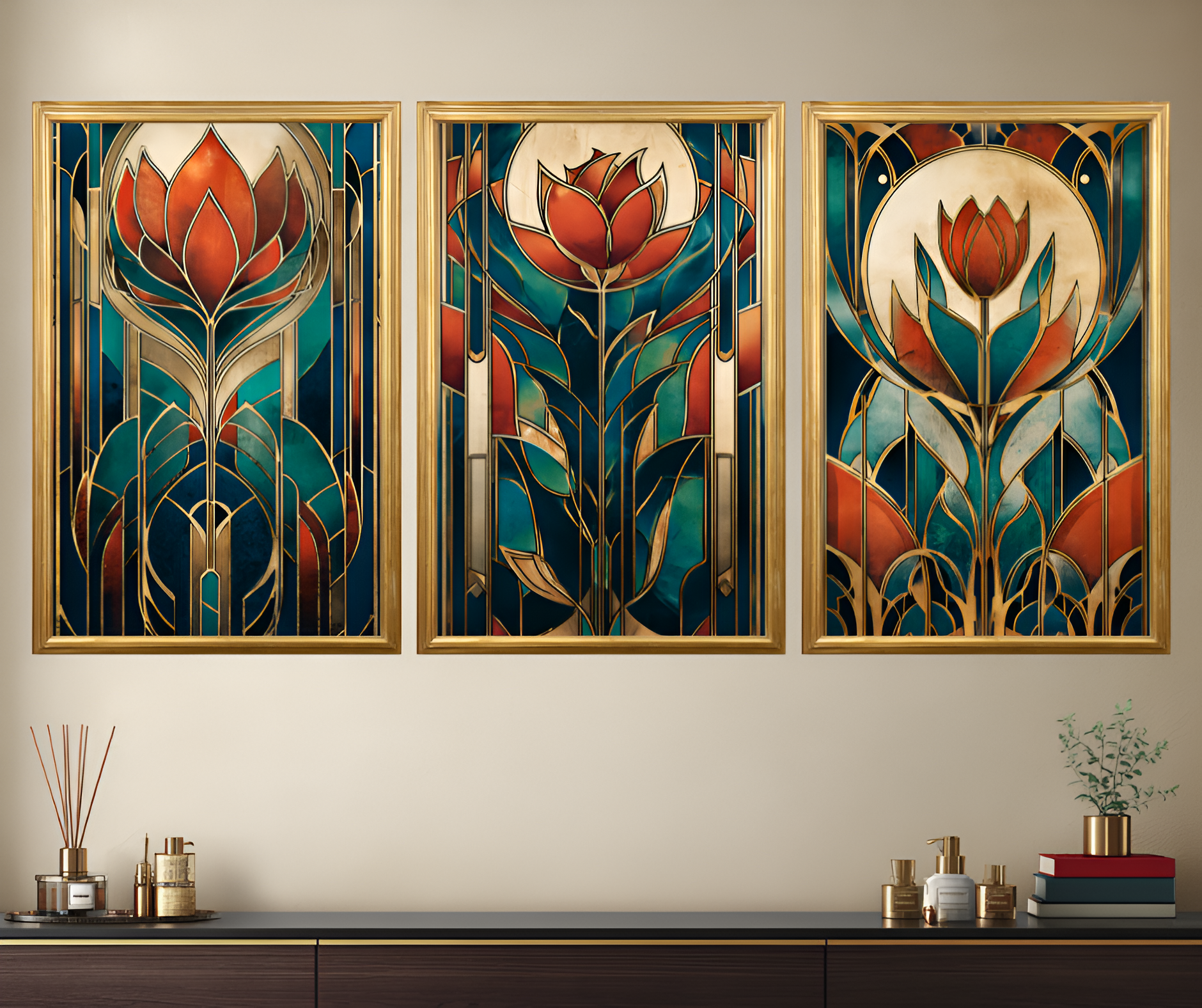 Poster de décoration murale vitrail art déco affiche contemporaine florale solaire