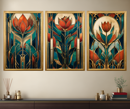Poster de décoration murale vitrail art déco affiche contemporaine florale solaire