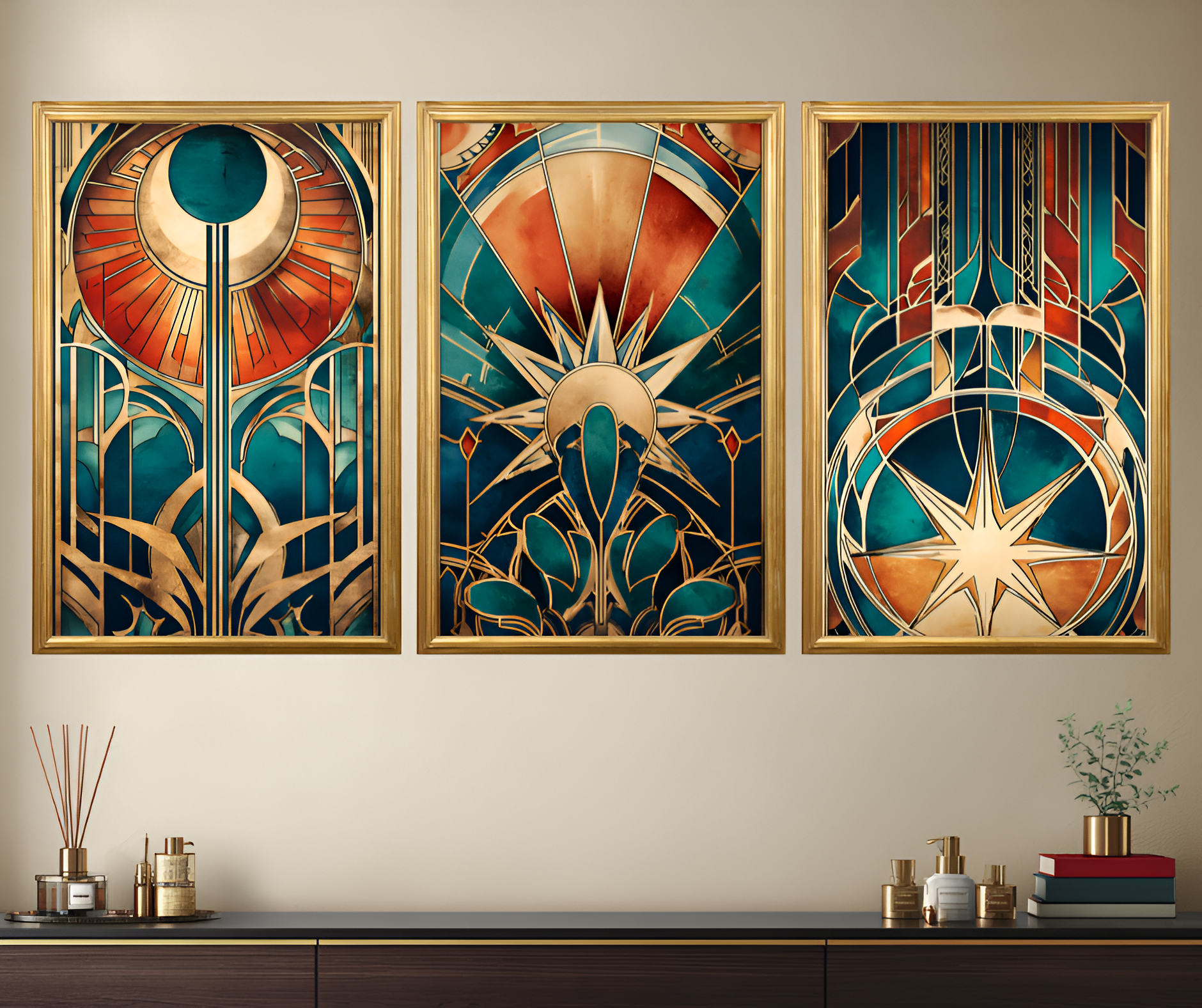 Poster de décoration murale vitrail art déco affiche contemporaine florale solaire