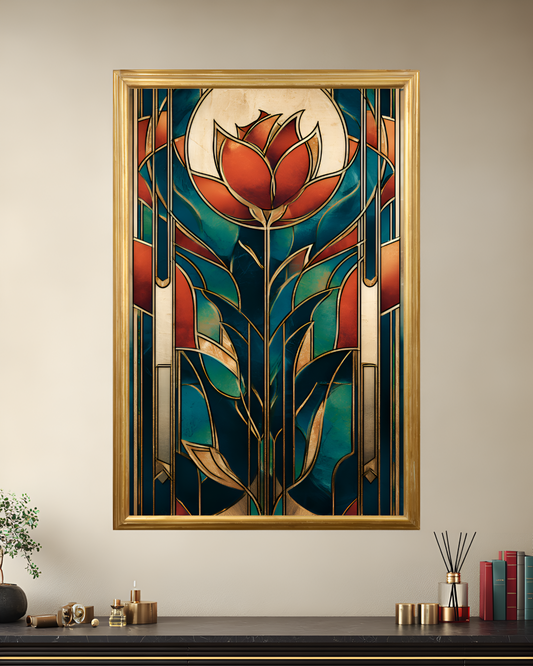 Poster de décoration murale vitrail art déco affiche contemporaine florale solaire