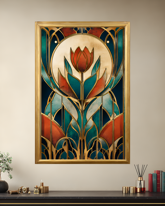 Poster de décoration murale vitrail art déco affiche contemporaine florale solaire