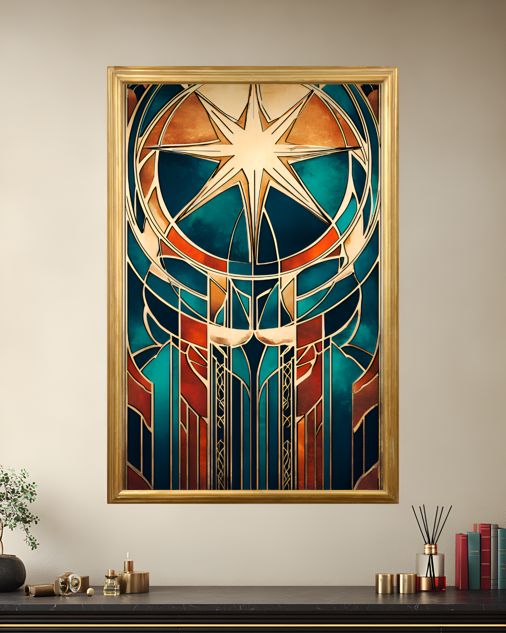 Poster de décoration murale vitrail art déco affiche contemporaine florale solaire